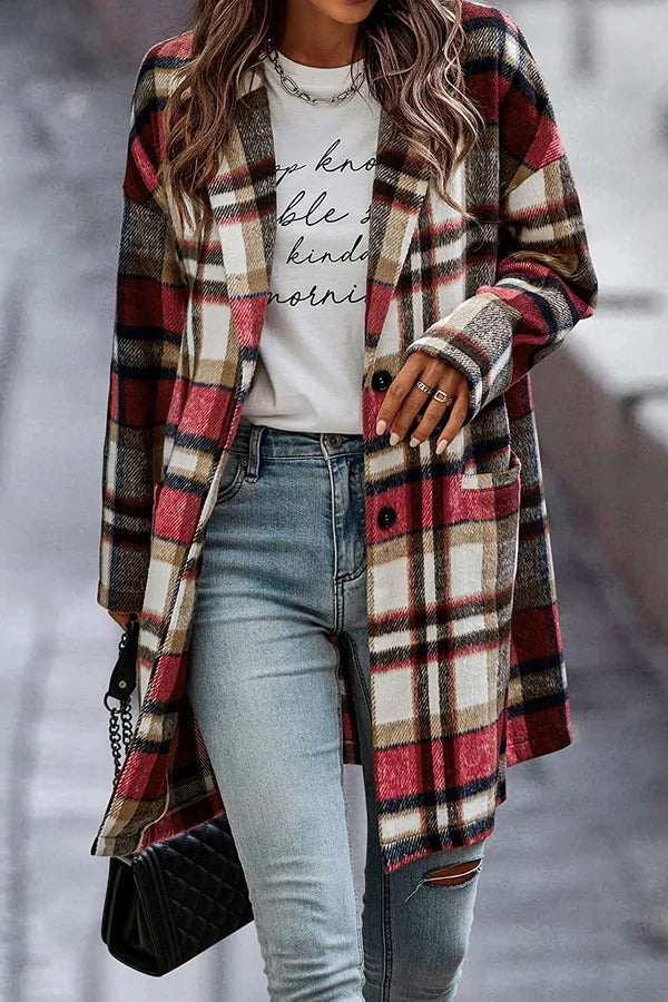 ModeGeist | Mantel - Oversized Fit - Wolle - Karomuster - Mit Knöpfen und Taschen