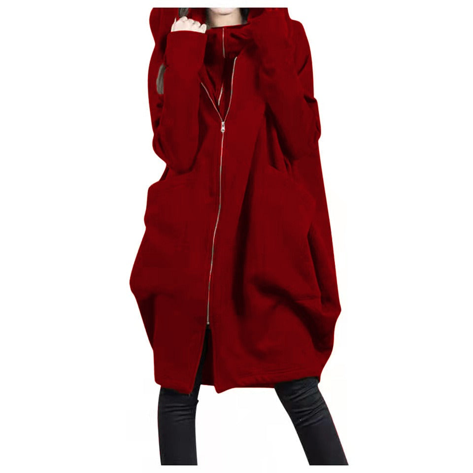 ModeGeist | Mittellanger Mantel - Oversized Fit - Kapuze - Reißverschluss - Weicher Woll-Look