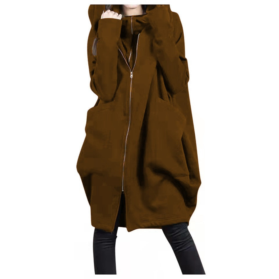 ModeGeist | Mittellanger Mantel - Oversized Fit - Kapuze - Reißverschluss - Weicher Woll-Look