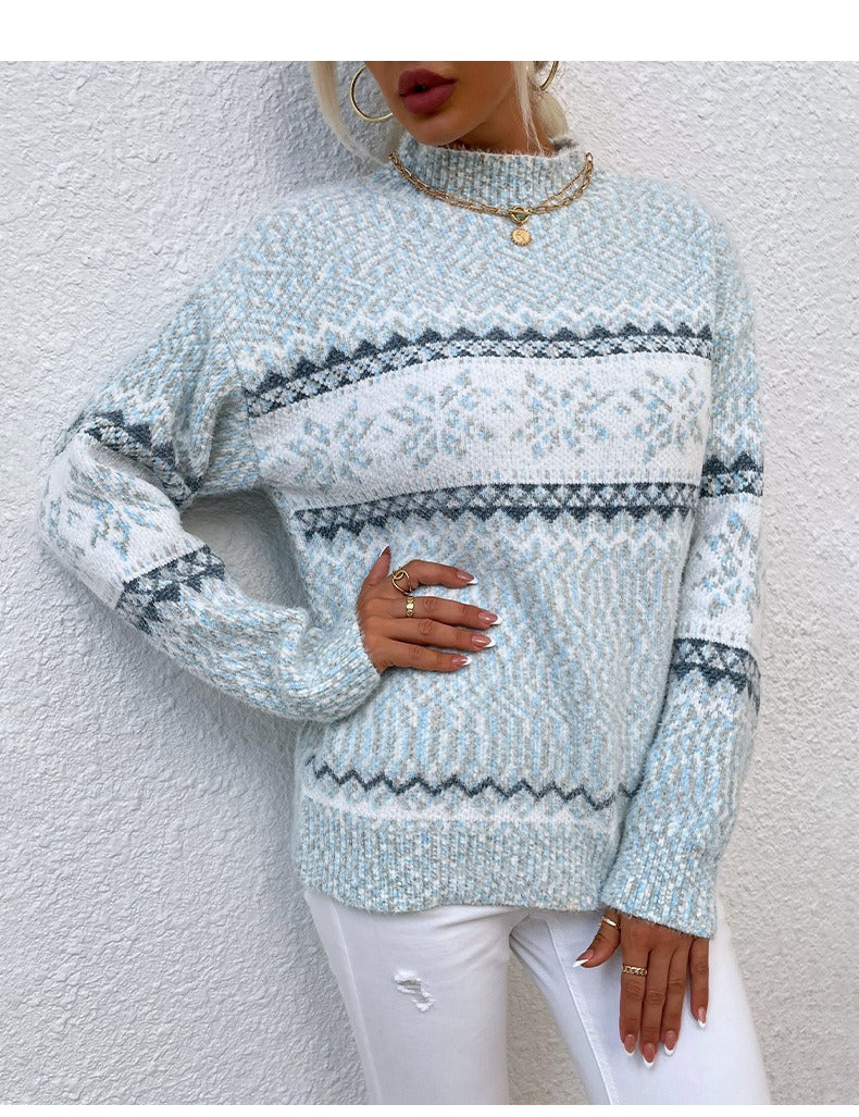 ModeGeist | Pullover Wollstrick Lässige Passform Schneeflockenmuster Hoher Kragen