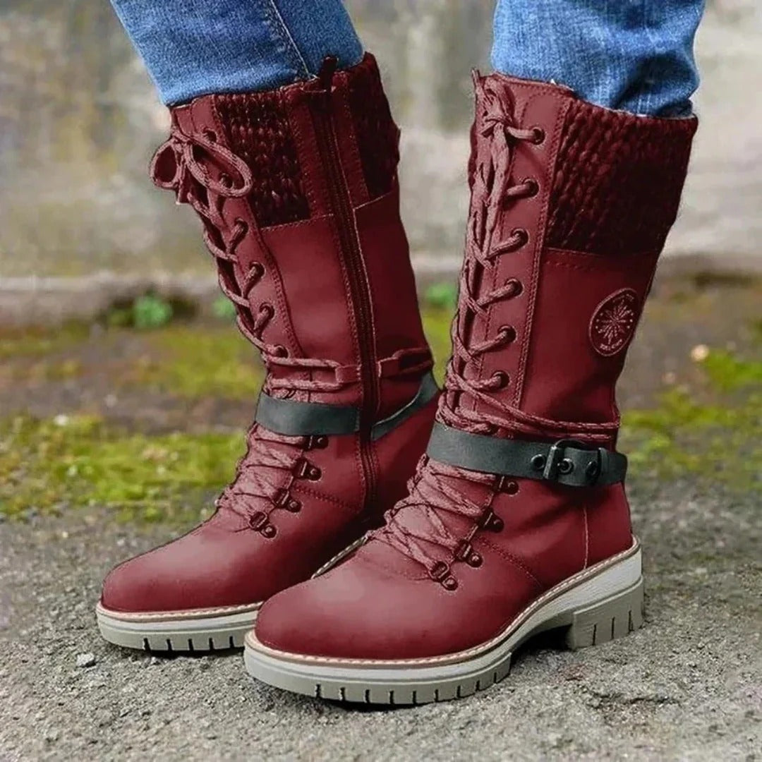 MODEGEIST Damen Kniestiefel Schnürung Winterstiefel Warmes Futter