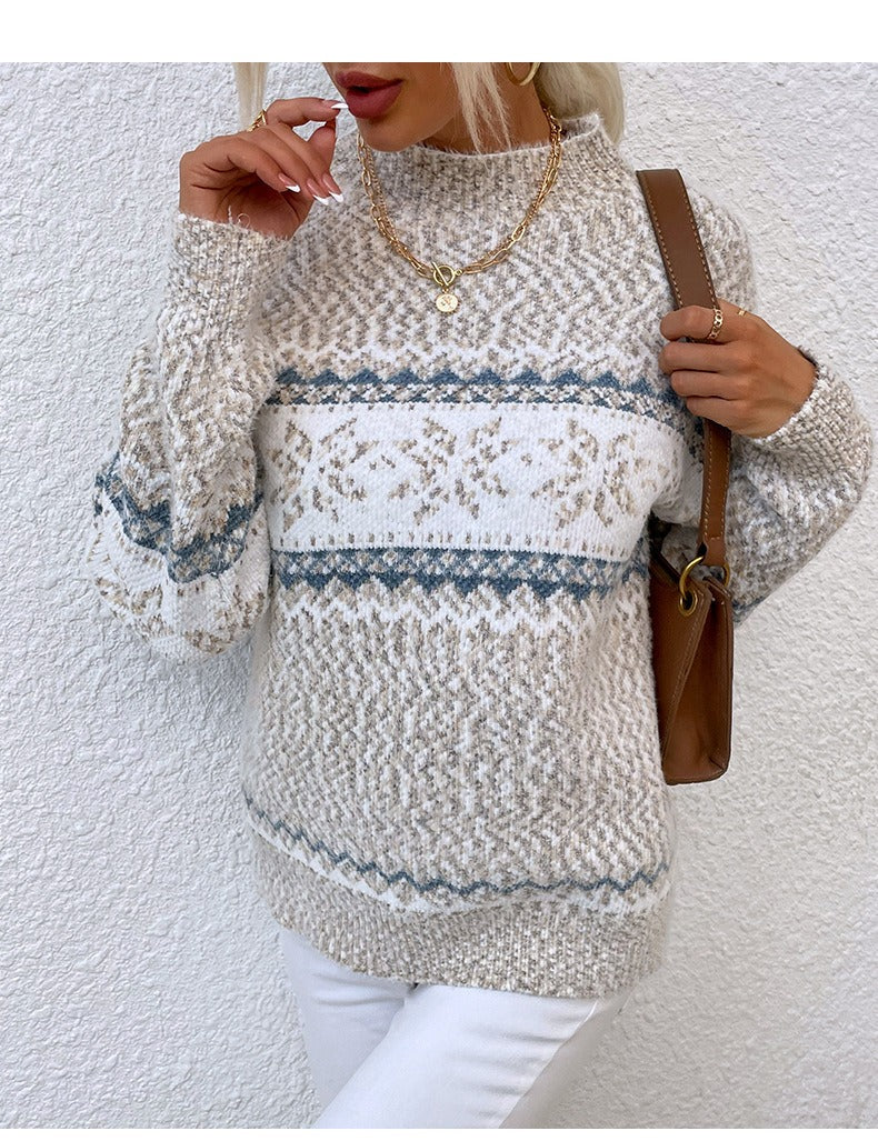 ModeGeist | Pullover Wollstrick Lässige Passform Schneeflockenmuster Hoher Kragen