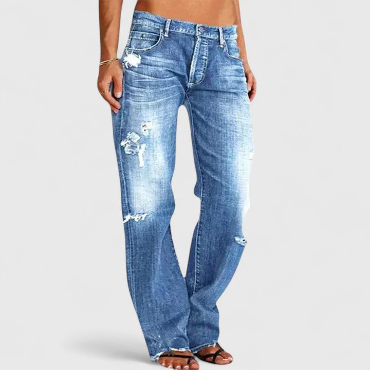 MODEGEIST Damen Straight Jeans Used-Look Low-Rise hellblau