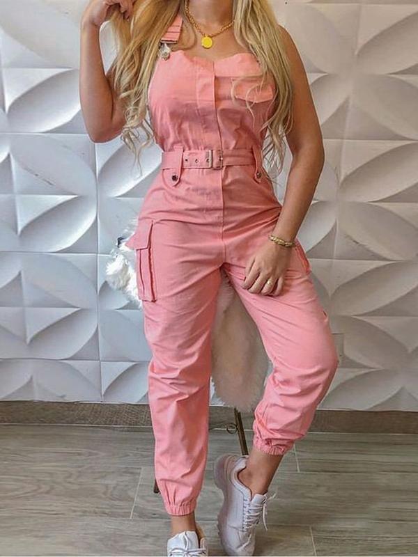 ModeGeist | Damen Jumpsuits Werkzeuggürtel Ärmellos Träger Einfach Rückhaltung Fuß Jumpsuit