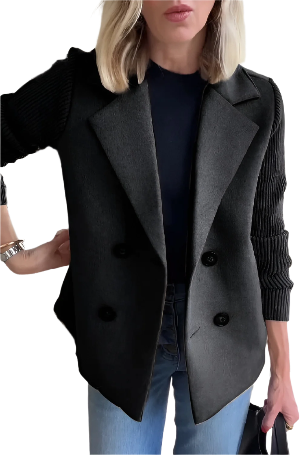 ModeGeist | Damen Blazer aus veganer Wolle mit gestrickten Ärmeln