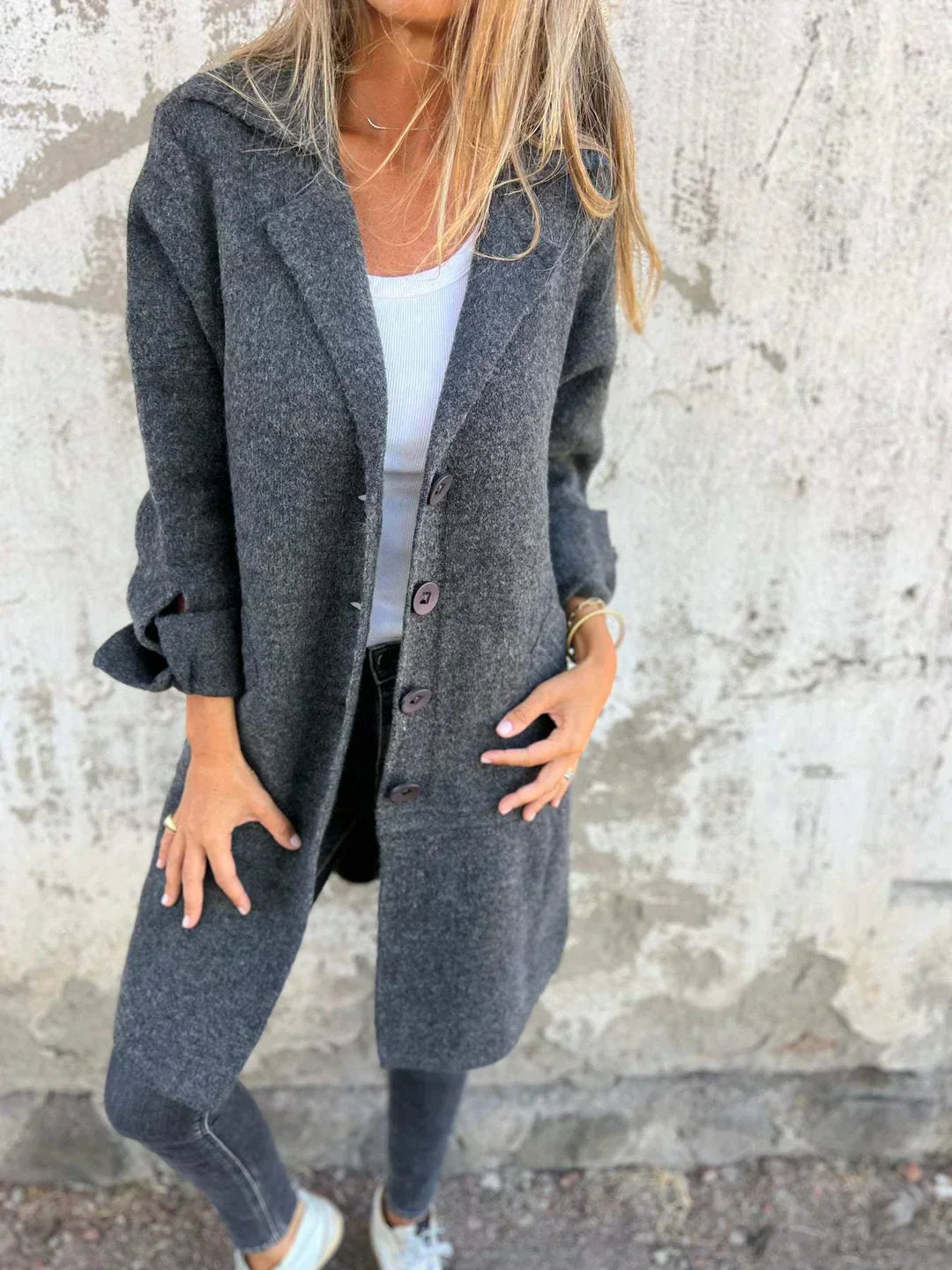 ModeGeist | Wollmantel mit Knopfverschluss Klassischer Kragen Elegant und Warm