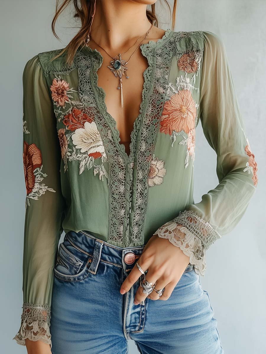 ModeGeist | Boho Bluse Mit Spitze Und Blumenmuster