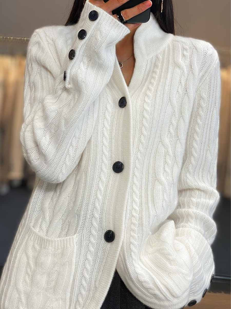 ModeGeist | Cardigan - Geflochtener Knopf Stehkragen Strickcardigan
