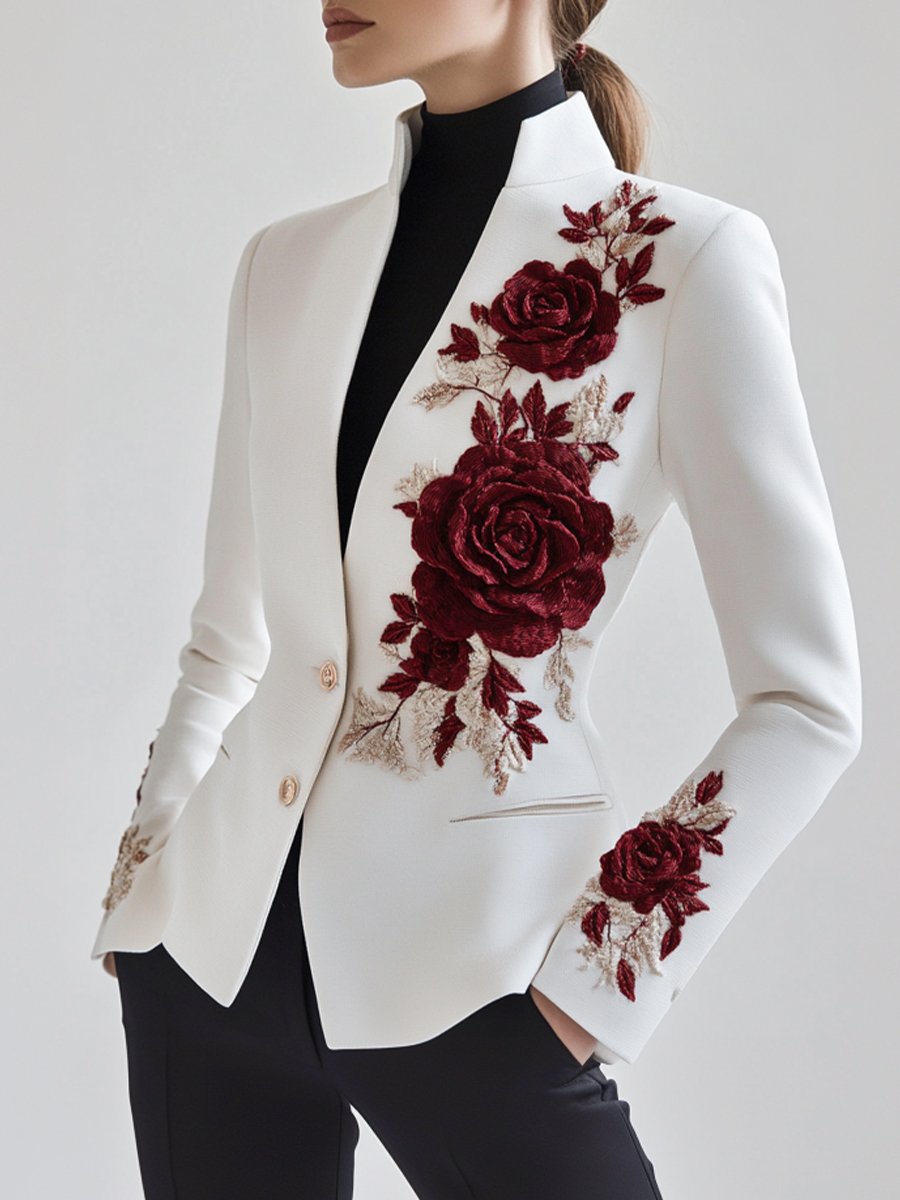 ModeGeist | Weißer Blazer Mit Roter Rosenstickerei