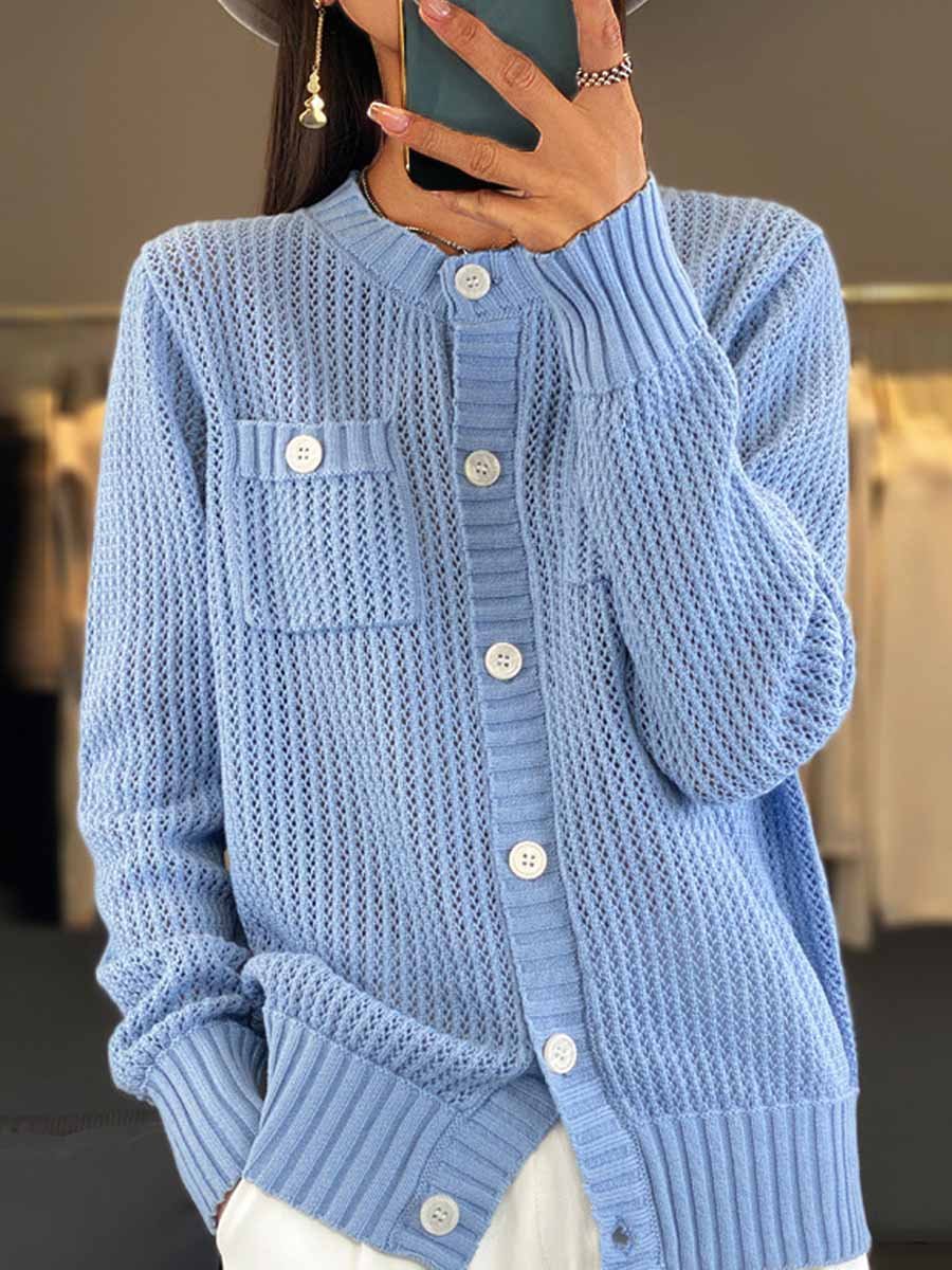 ModeGeist | Cardigan - Rundhals-Taschen-Hohlstrick-Cardigan