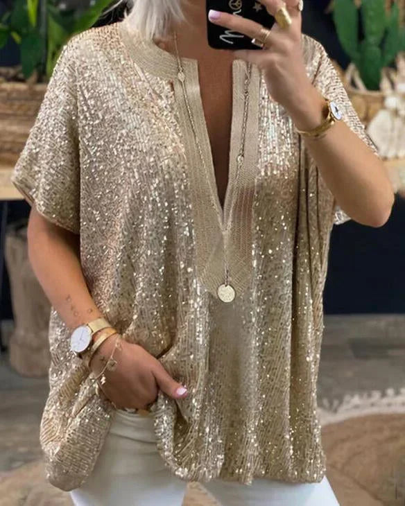 Elegante Damenbluse mit Pailletten und V-Ausschnitt von Modegeist