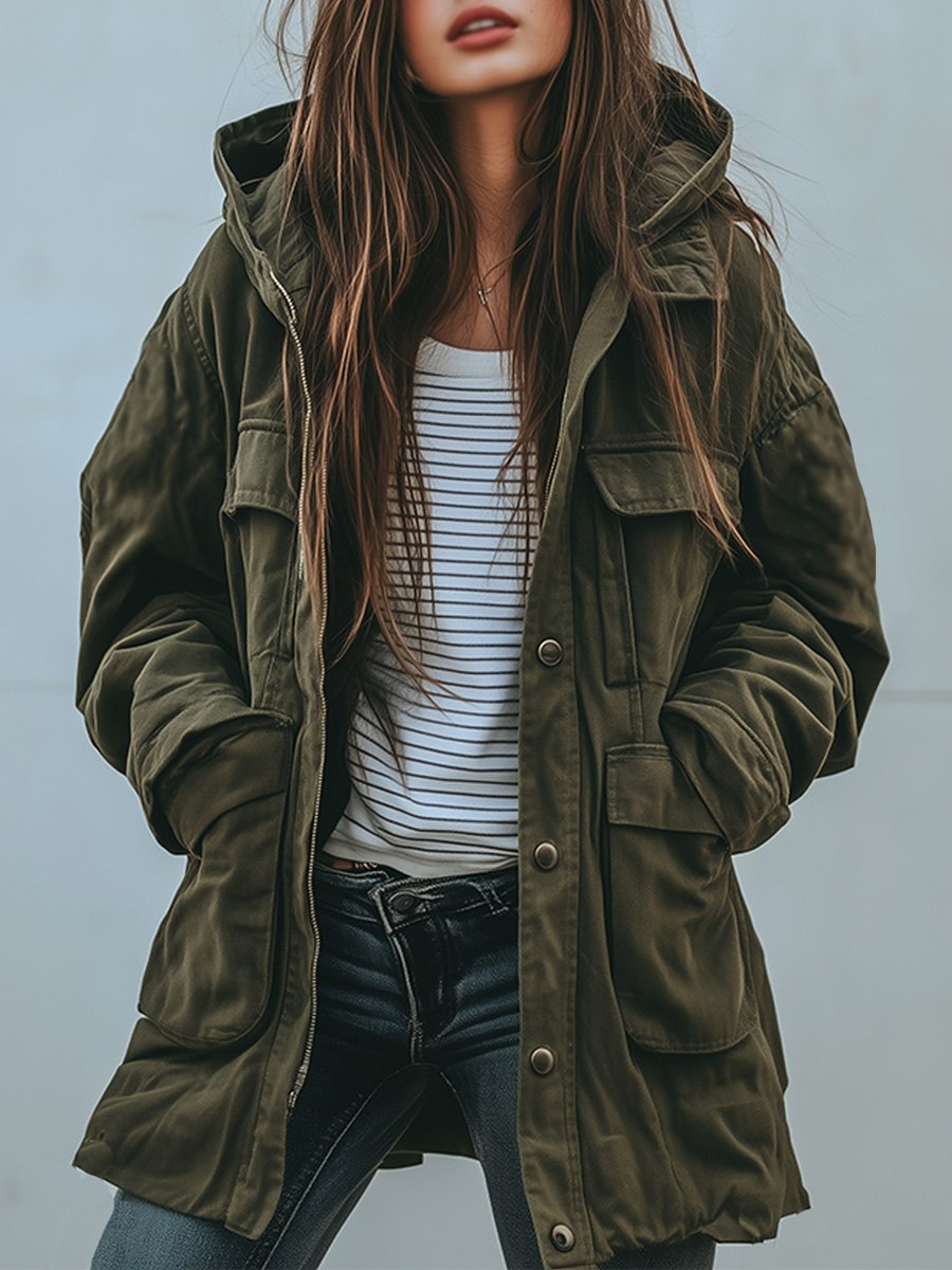ModeGeist | Vintage Winddichte Arbeitsjacke Mit Kapuze Und Mehreren Taschen