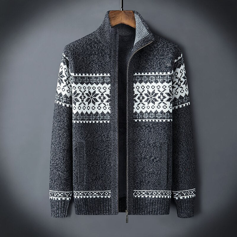 Herren-Zopfmuster-Jacke mit Reißverschluss und Schneeflocken-Design