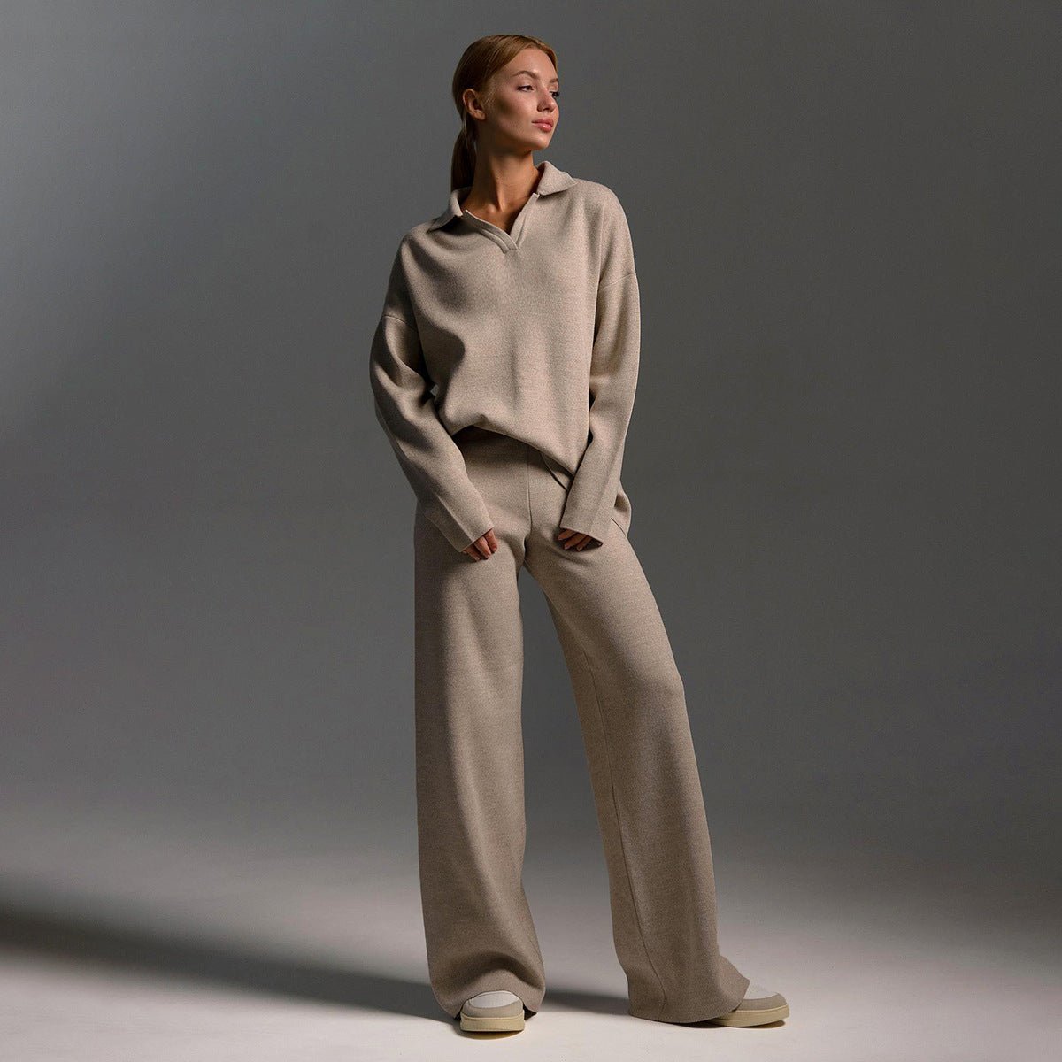 MODEGEIST Damen Strick-Trainingsanzug Zweiteilig Beige