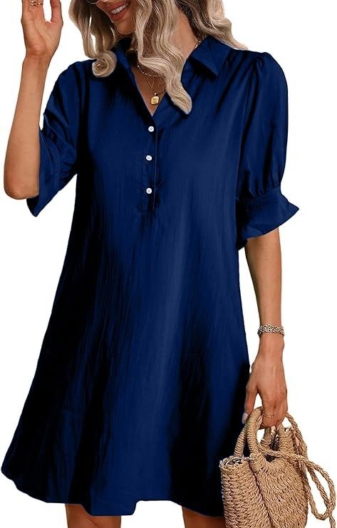 MODEGEIST Damen Hemdblusenkleid 3/4-Ärmel Knielang Schwarz A-Linie