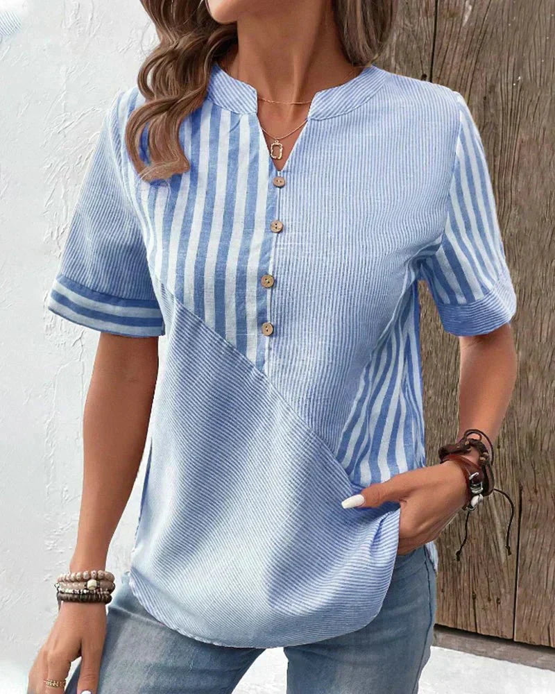 MODEGEIST Damen Bluse Gestreift Kurzarm Leicht Atmungsaktiv