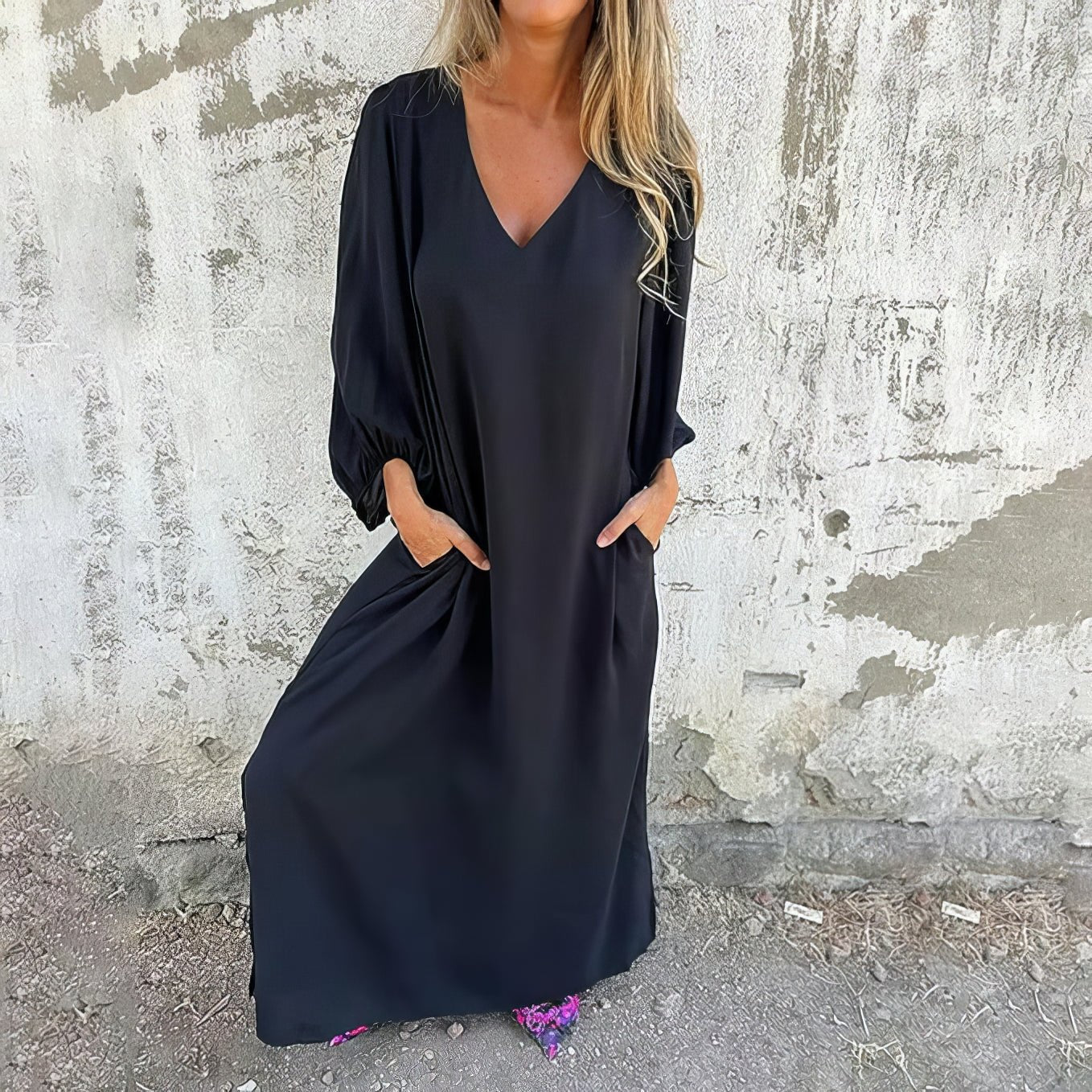 MODEGEIST Damen Maxikleid fließend Taschen Boho-Stil