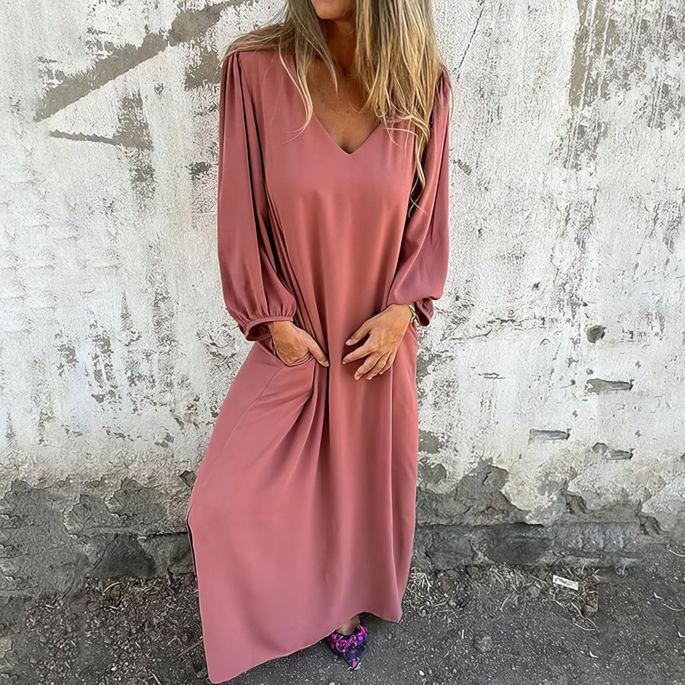 MODEGEIST Damen Maxikleid fließend Taschen Boho-Stil