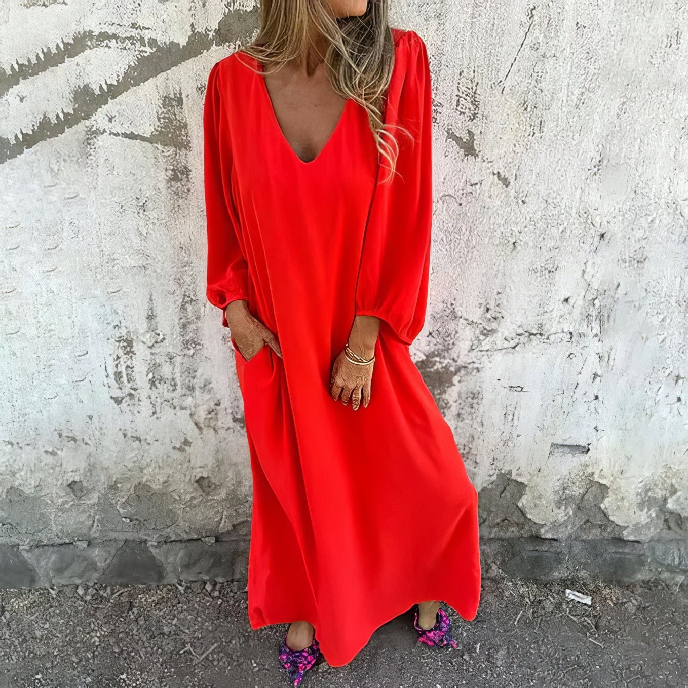 MODEGEIST Damen Maxikleid fließend Taschen Boho-Stil