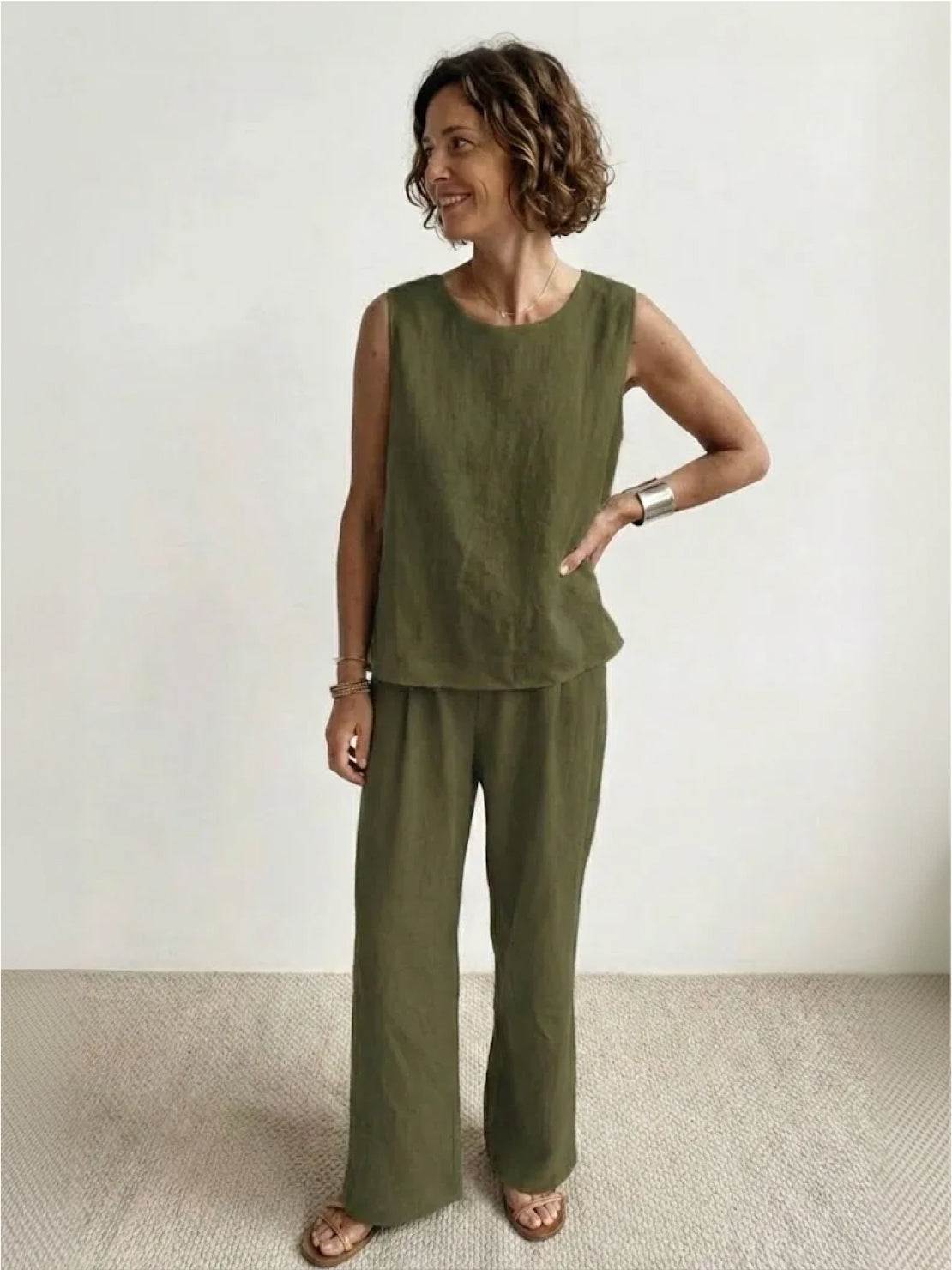 MODEGEIST Damen Zweiteiler Olivgrün Tank-Top Wide-Leg Hose