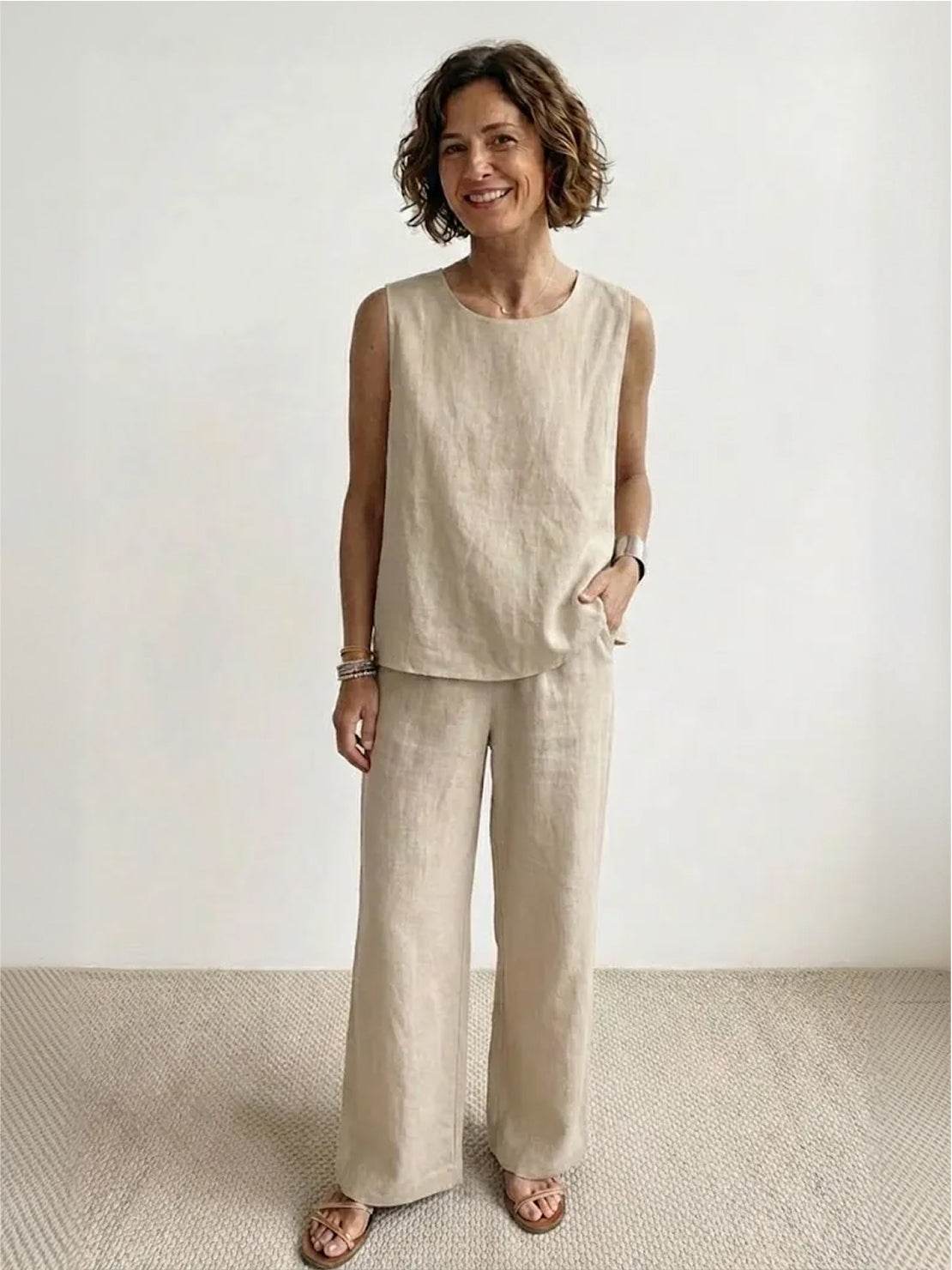 MODEGEIST Damen Zweiteiler Olivgrün Tank-Top Wide-Leg Hose Set