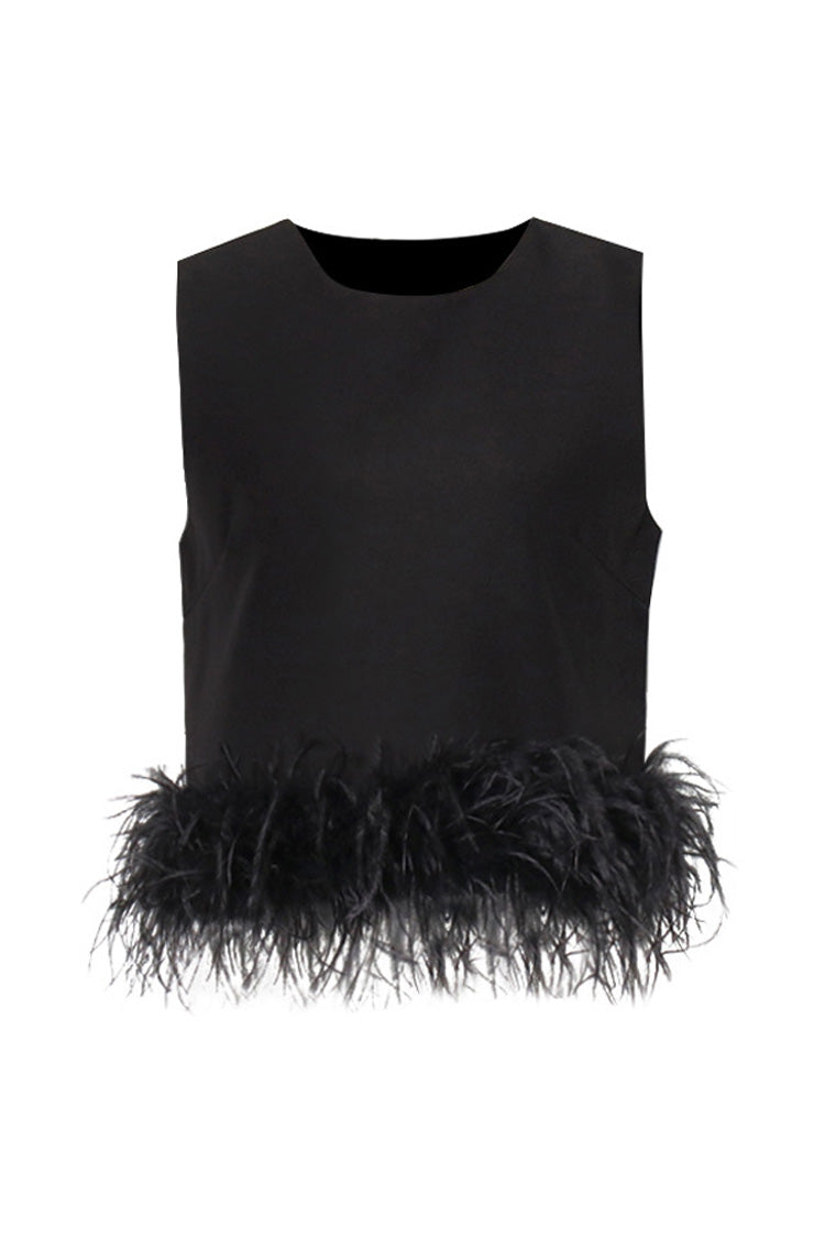 Kurzes Fudus-Tanktop mit Rundhals,  imitiertem Federbesatz und Crepe-Oberfläche