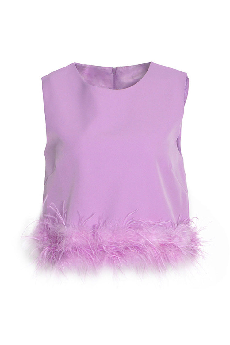 Kurzes Fudus-Tanktop mit Rundhals,  imitiertem Federbesatz und Crepe-Oberfläche