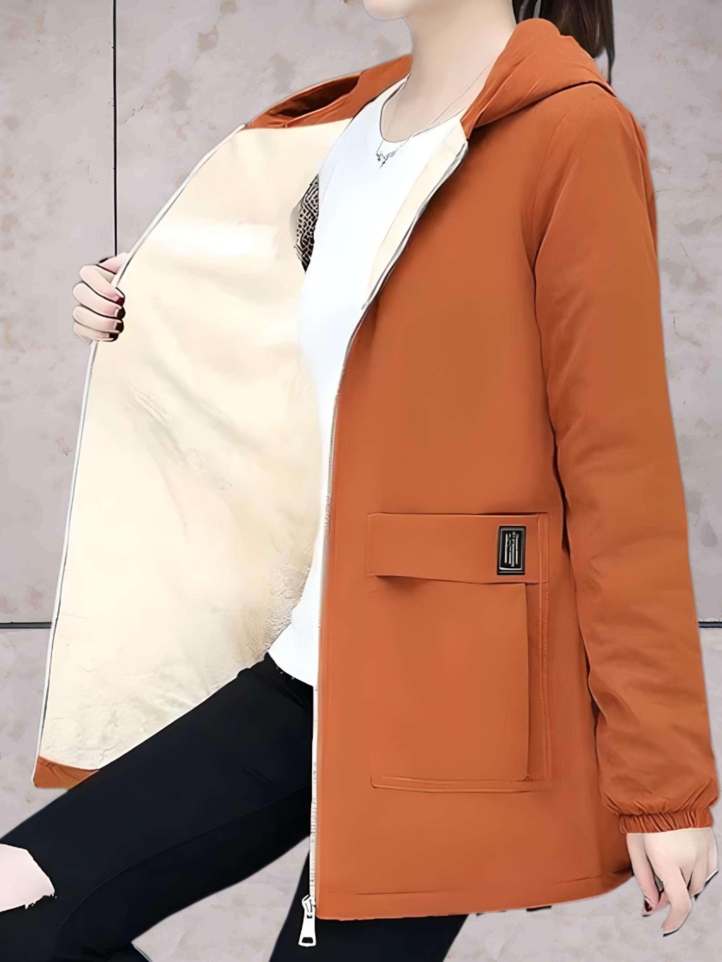 Manzie: Warme, dicke Lederjacke mit Fleecefutter und Kapuze.