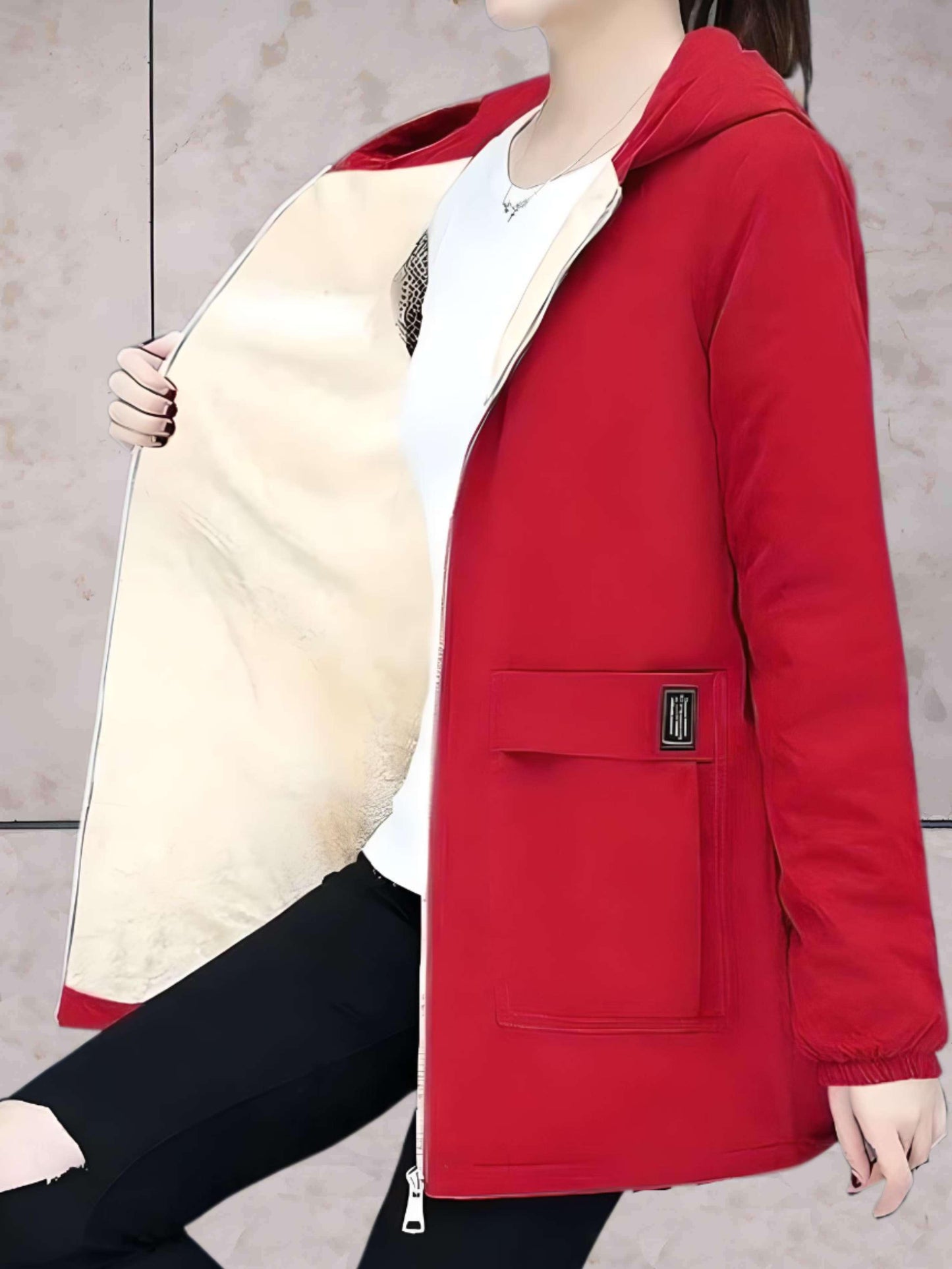Manzie: Warme, dicke Lederjacke mit Fleecefutter und Kapuze.