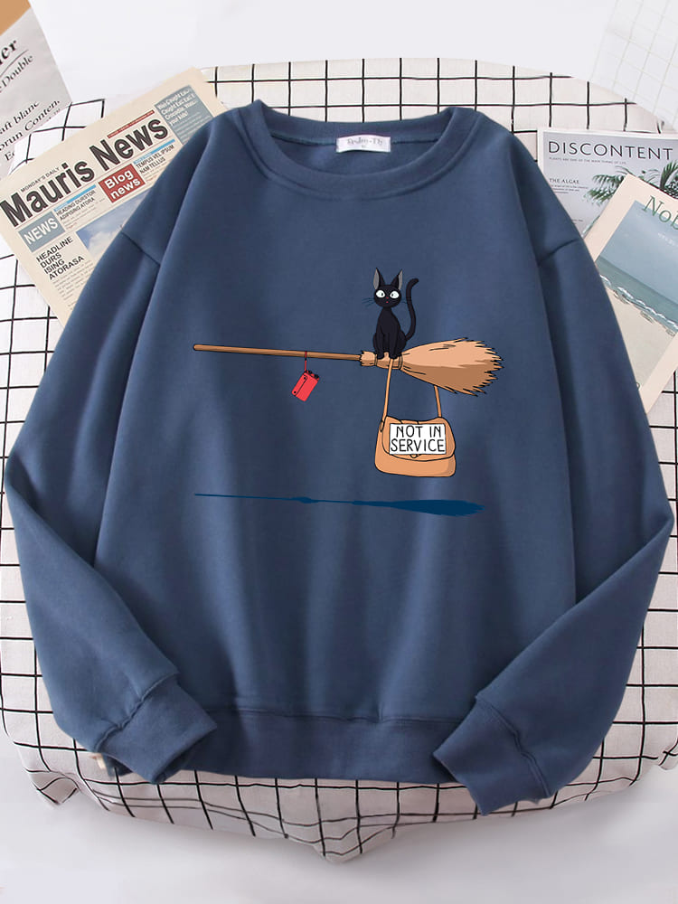 Damen-Pullover mit magischem Besen-Motiv für Katzenliebhaber