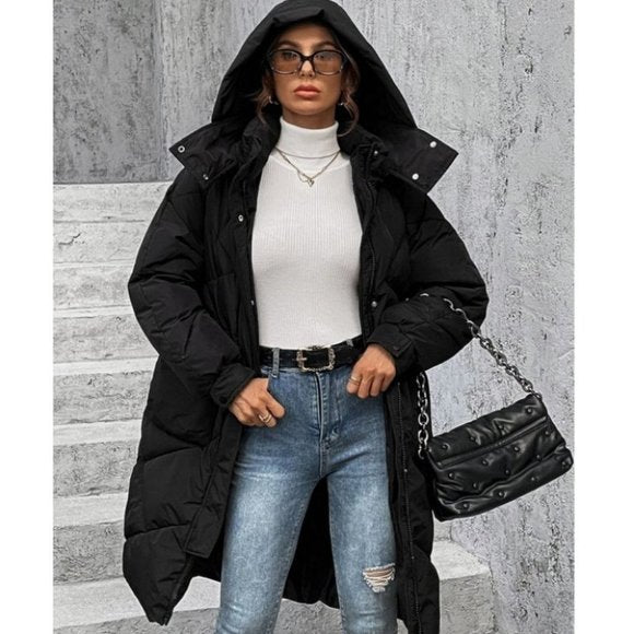 ModeGeist | Winterjacke mit Kapuze für Damen - lange wattierte Jacke