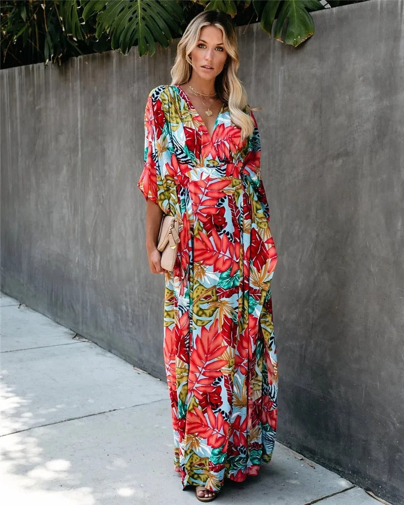MODEGEIST Damen Maxi-Kleid Wickeldesign Fließender Rock