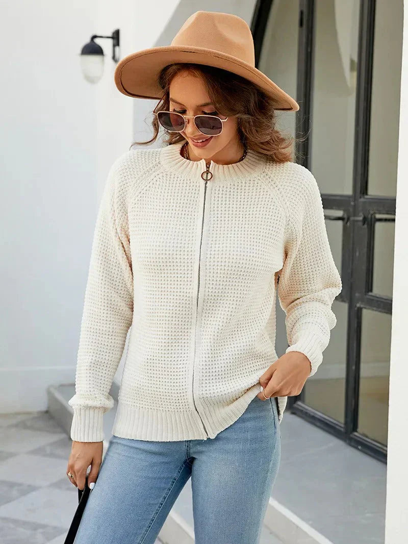 ModeGeist | Cardigan - Damen Herbst Einfarbiger Reißverschluss Strickcardigan