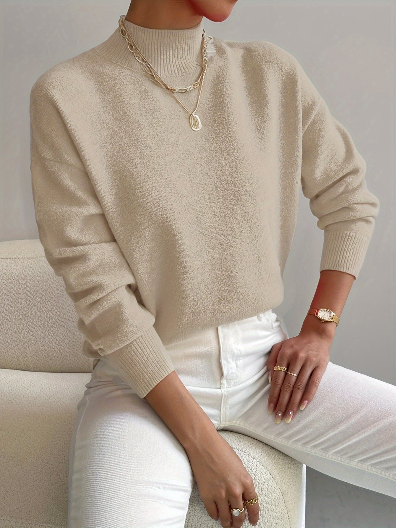 MODEGEIST Damen Rollkragenpullover Langarm Soft-Knit Beige