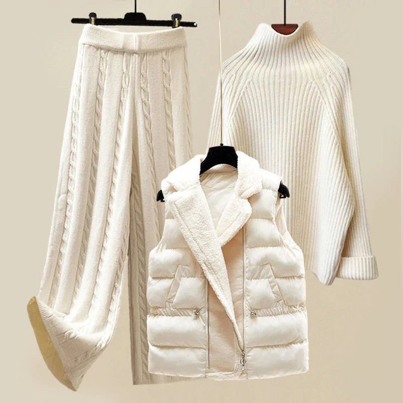 MODEGEIST Damen Strickset Dreiteilig Beige Weste Pullover