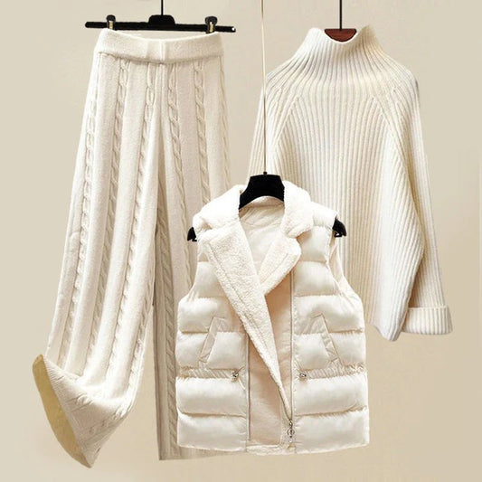 MODEGEIST Damen Strickset Dreiteilig Beige Weste Pullover
