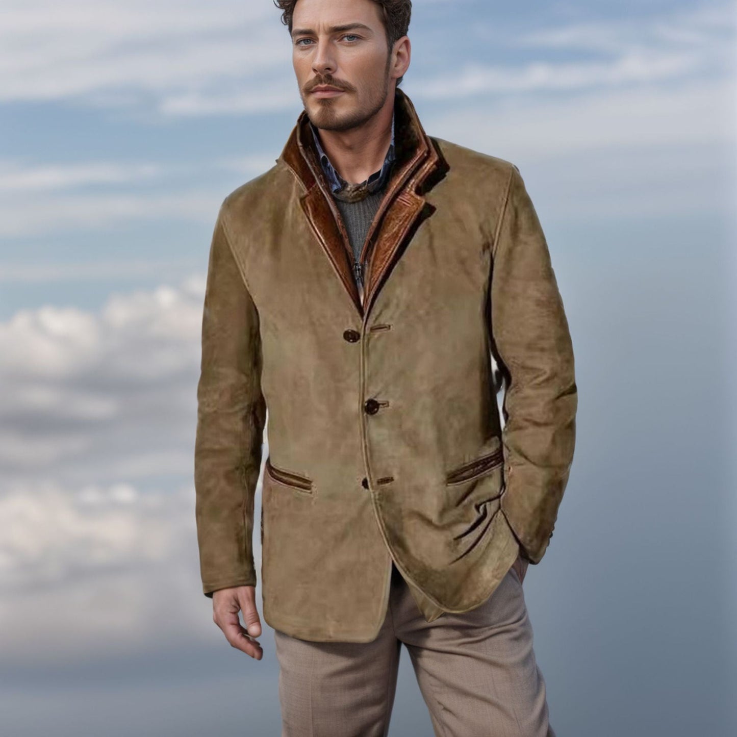 ModeGeist | Herren Wildlederjacke mit Lederbesatz - Reverskragen-Design