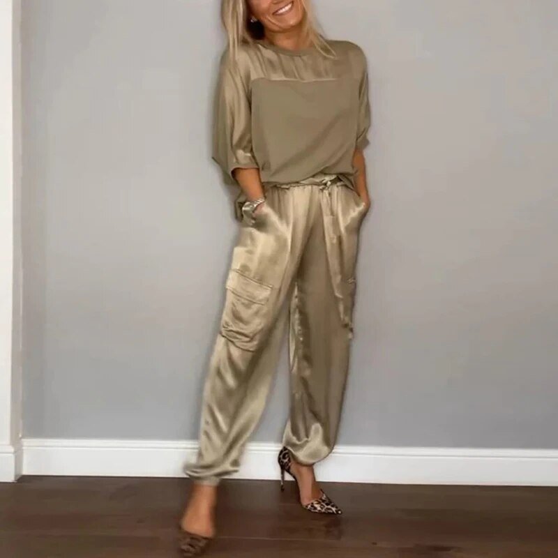 MODEGEIST Damen Loungewear-Set Zweiteilig Baumwolle Beige