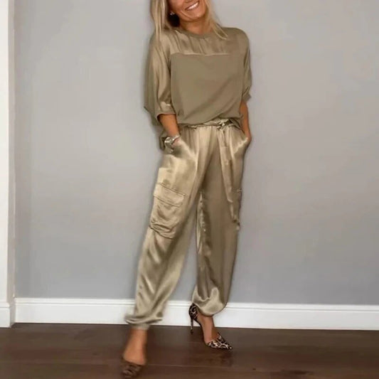MODEGEIST Damen Loungewear-Set Zweiteilig Baumwolle Beige