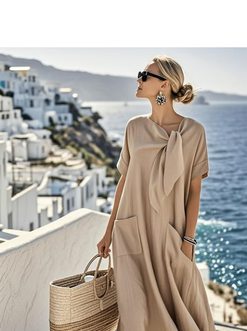 MODEGEIST Damen A-Linien Kleid Kurzarm Casual Bindedetail