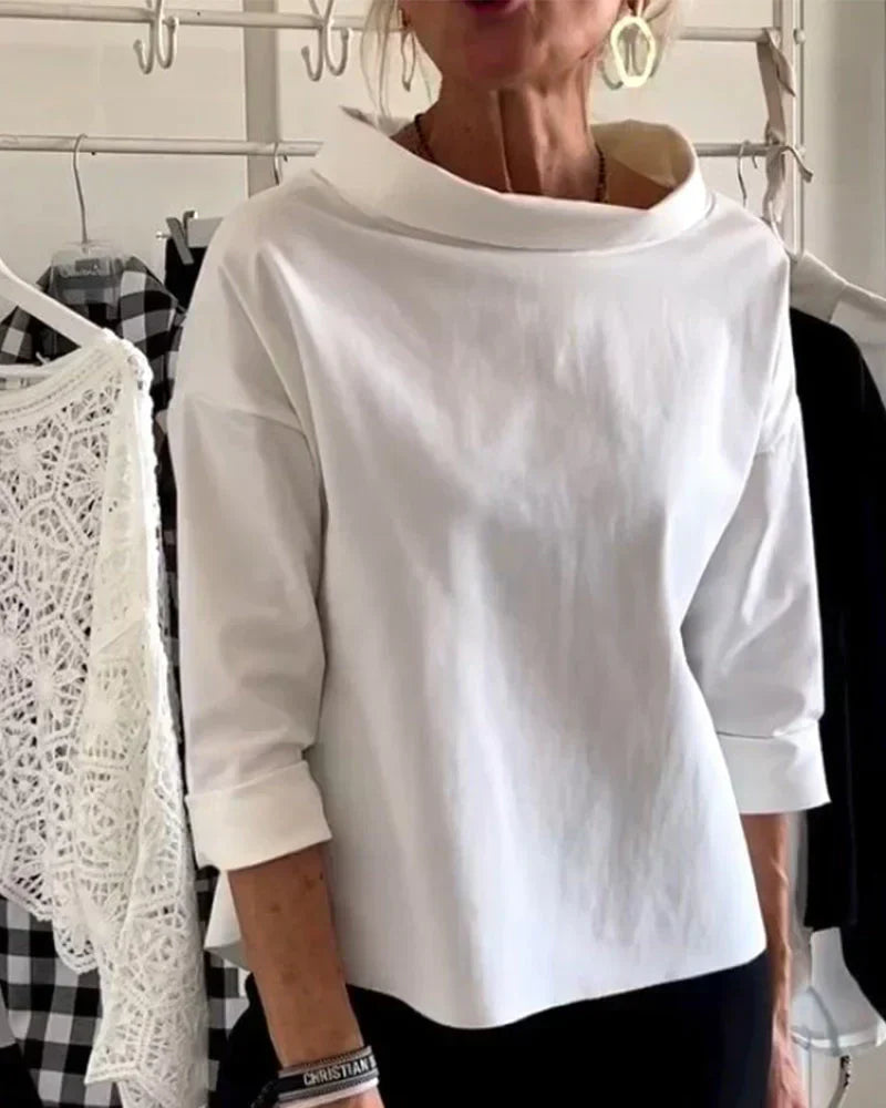 MODEGEIST Damen Bateau-Top 3/4 Ärmel Cowl-Neck Weiß