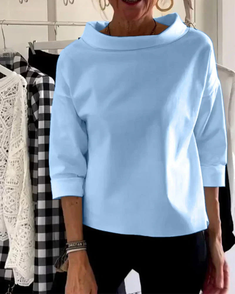MODEGEIST Damen Bateau-Top 3/4 Ärmel Relaxed Fit Cowl-Neck Weiß