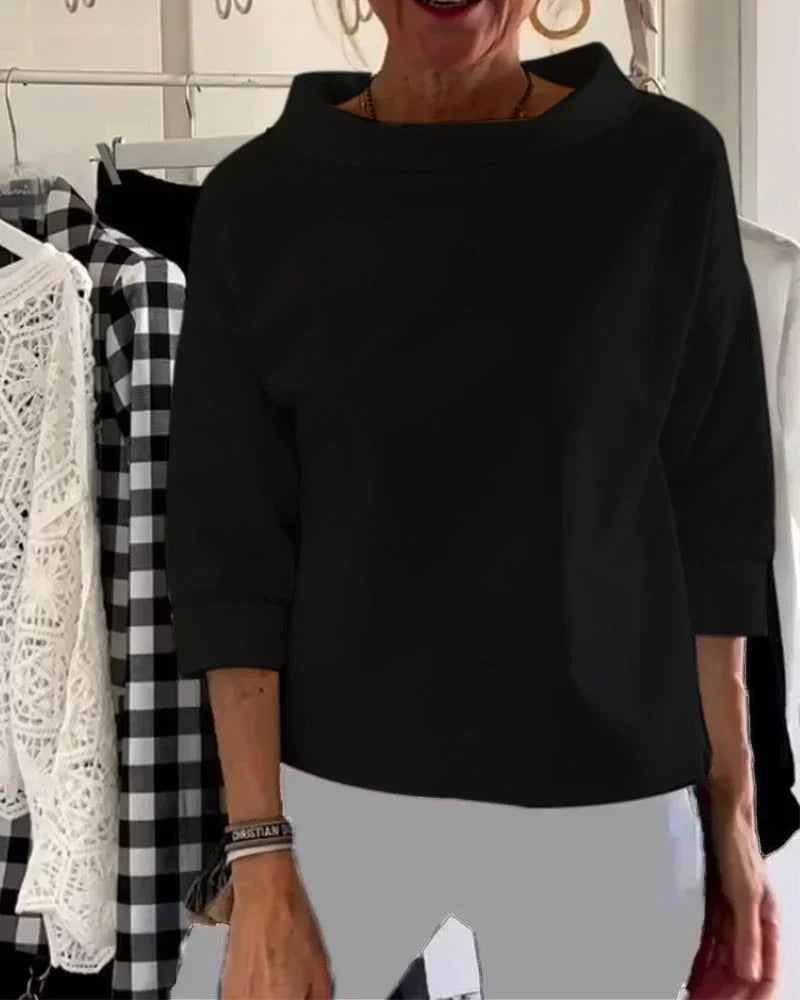 MODEGEIST Damen Bateau-Top 3/4 Ärmel Relaxed Fit Cowl-Neck Weiß