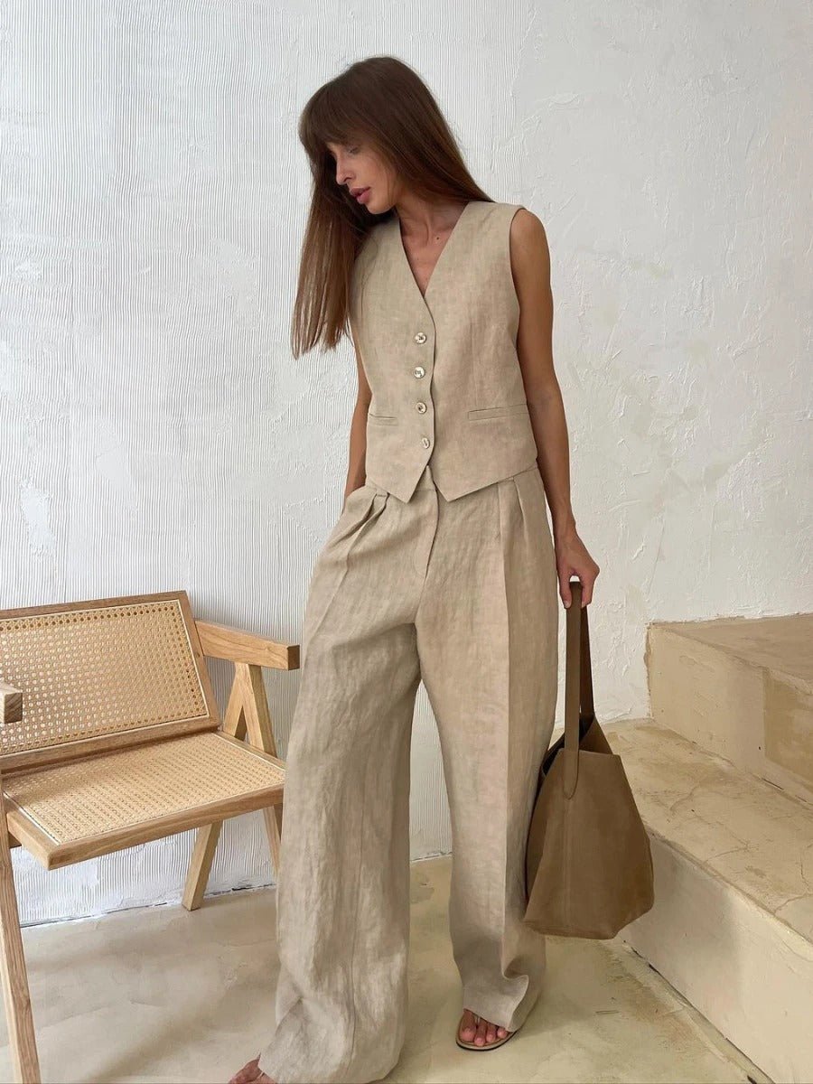 MODEGEIST Damen Zweiteiler-Set Weste Hose Beige Modern
