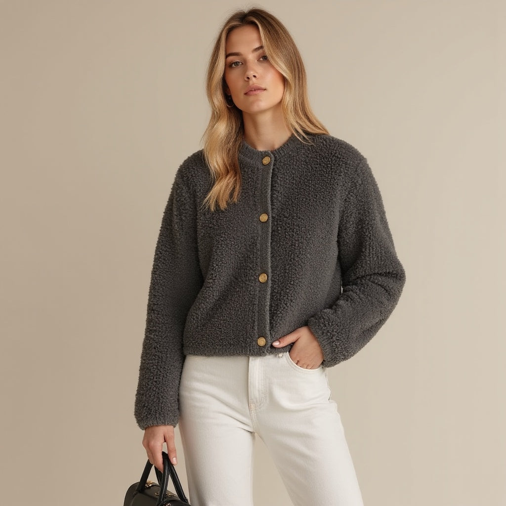 ModeGeist | Cardigan - Damen Herbst Flauschiger Strickcardigan mit Dekorativen Knöpfen