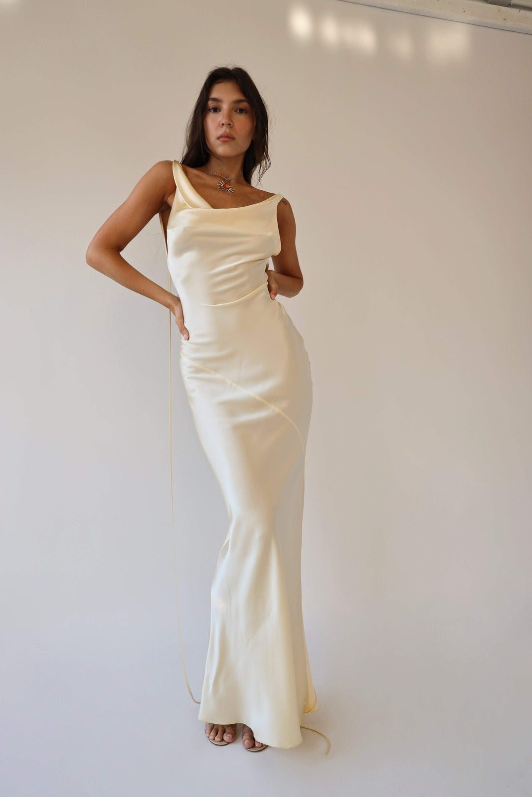 MODEGEIST Satin Maxi Dress with Cowl Back and Open Back