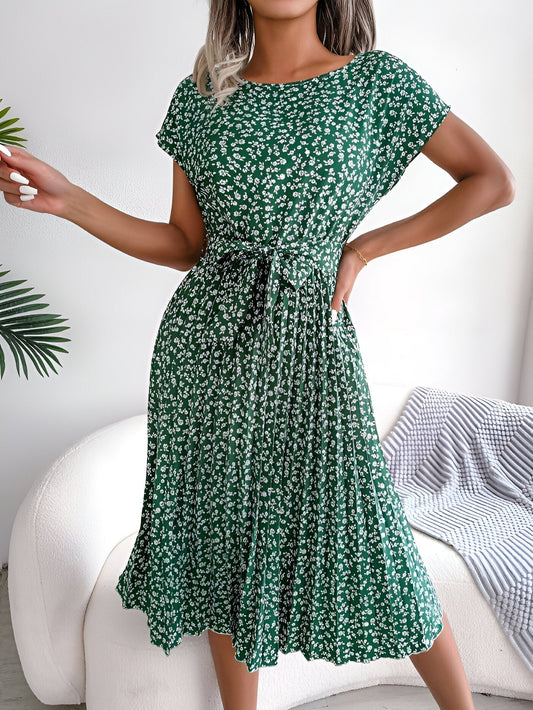 MODEGEIST Damen Plissee-Kleid Blumenmuster A-Linie Kurzarm