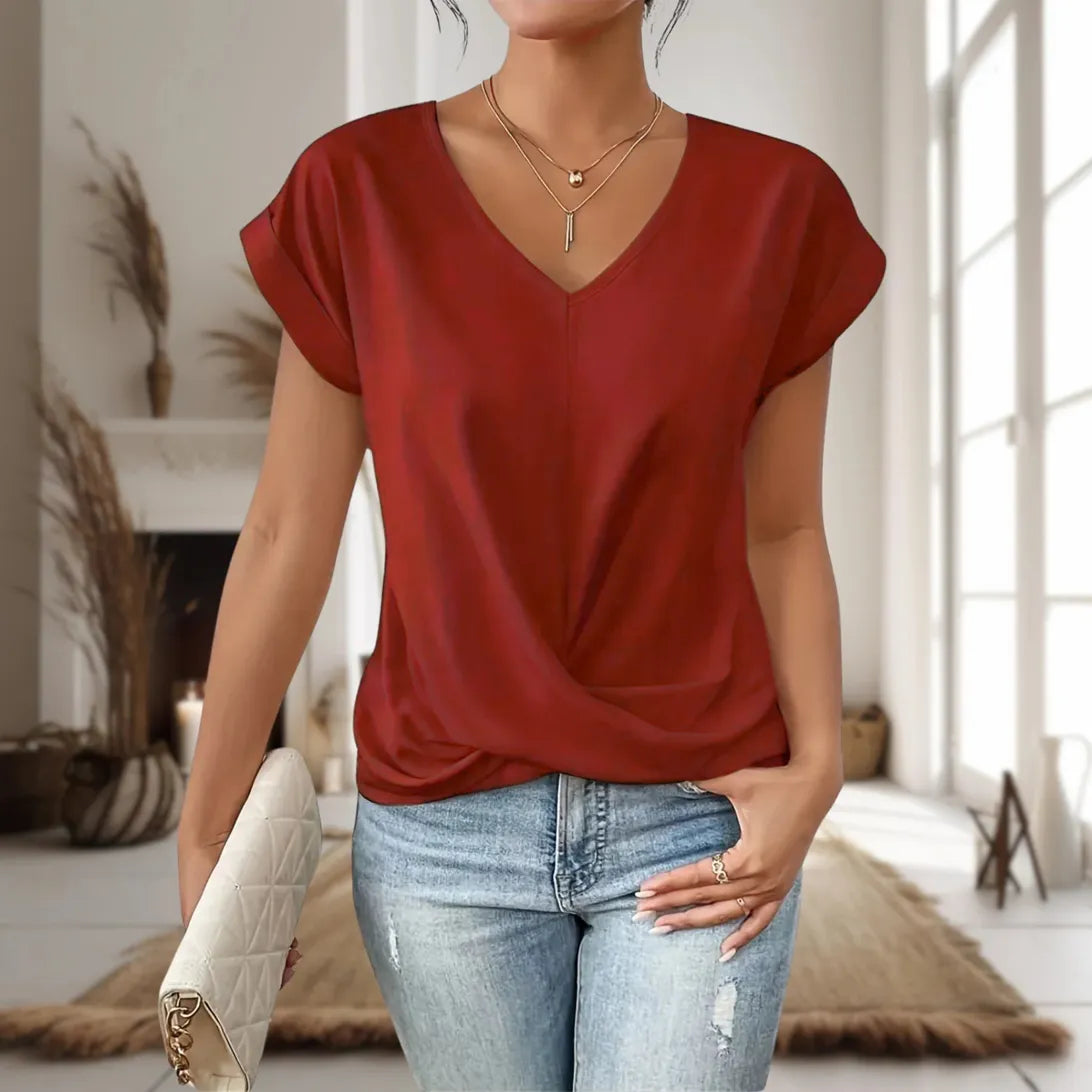 MODEGEIST Damen T-Shirt Herzausschnitt Kurzarm Weicher Stoff Casual