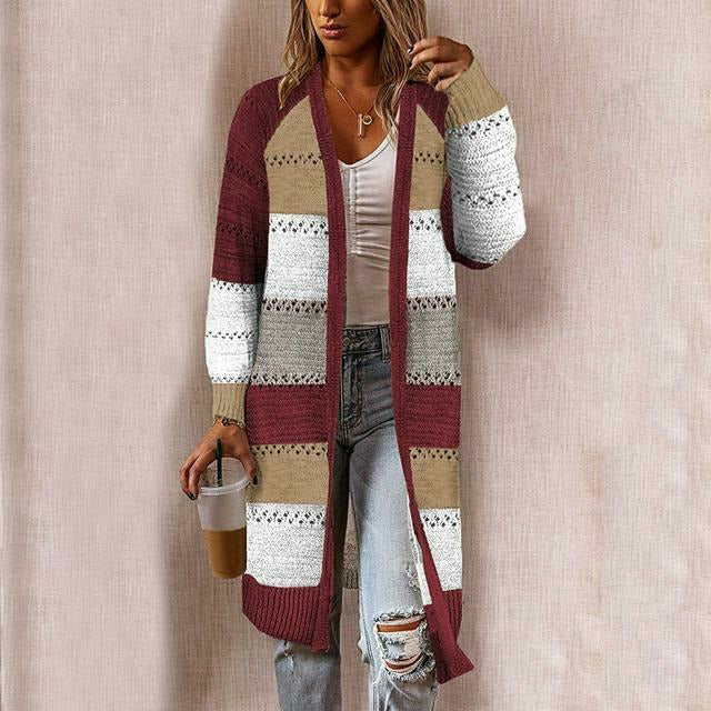 ModeGeist | Strickjacke - Damen Herbst Lange Gestreifte Strickjacke