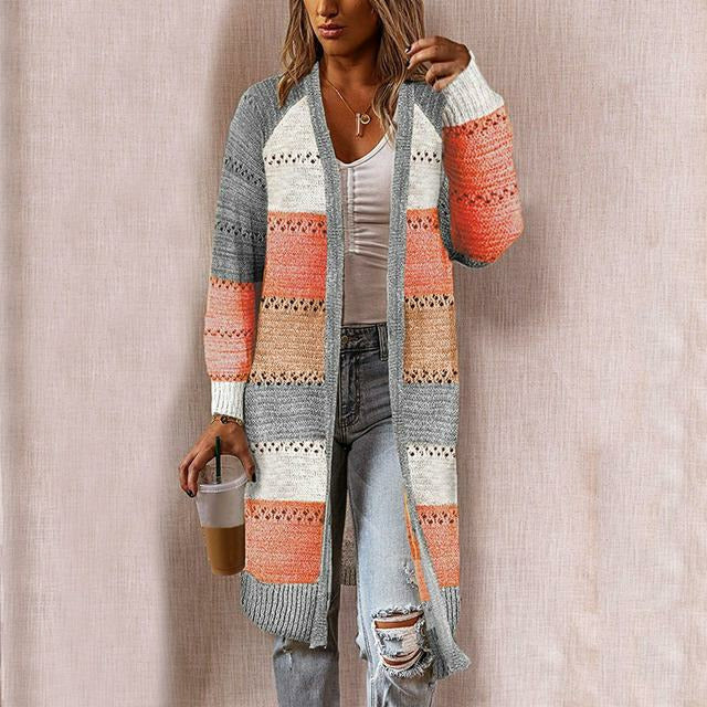 ModeGeist | Strickjacke - Damen Herbst Lange Gestreifte Strickjacke